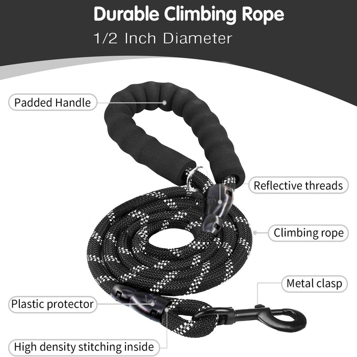 Rope Dog Leash, Heavy Duty Dog Leash with Comfortable Padded Handle and Highly Reflective Threads for Small Medium and Large Dogs, Black