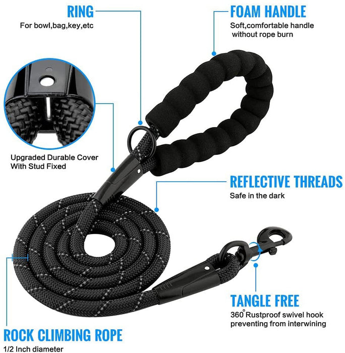 Rope Dog Leash, Heavy Duty Dog Leash with Comfortable Padded Handle and Highly Reflective Threads for Small Medium and Large Dogs, Black