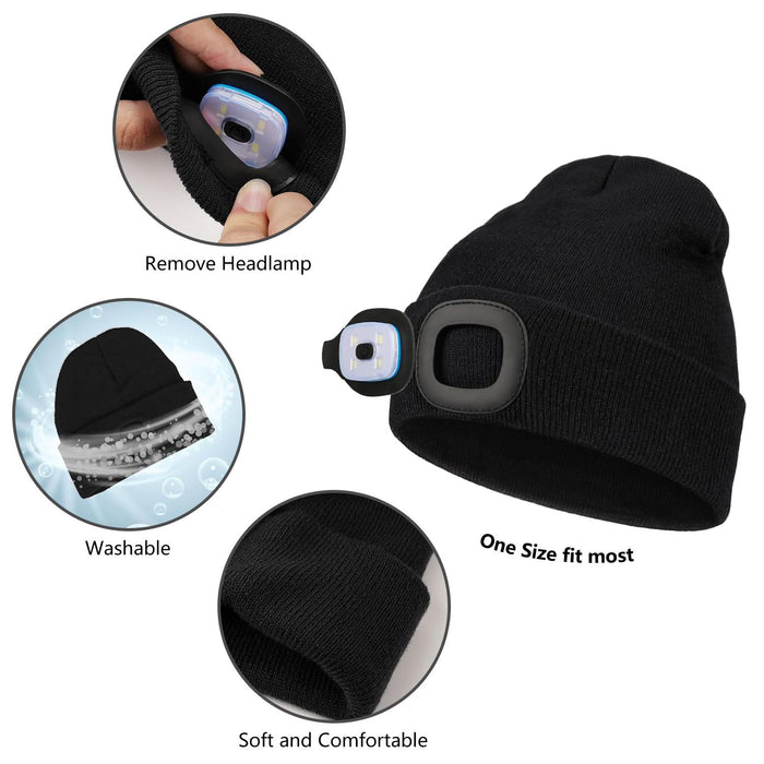 LED Beanie Hat with Light, USB Rechargeable LED Headlamp Cap, Winter Knitted Headlight for Men Dad Husband Gifts (Black)