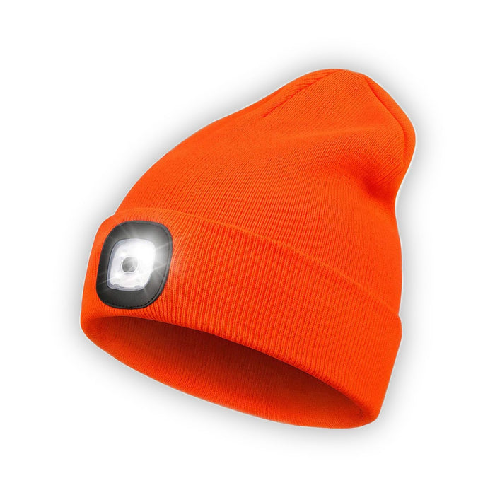 LED Beanie Hat with Light, Unisex USB Rechargeable Hands Free 4 LED Headlamp Cap, Winter Knitted Headlight, Men Gifts for Dad Husband (Orange)