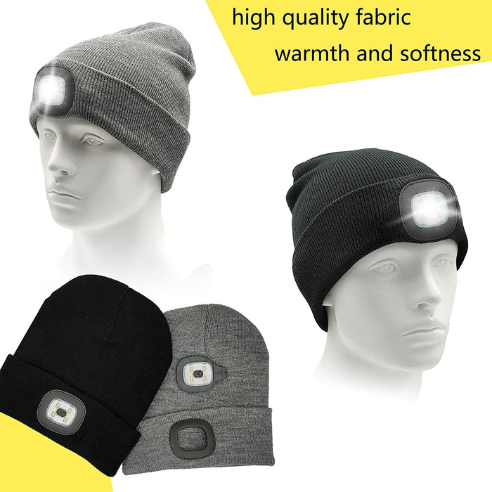 LED Beanie Hat with Light, Unisex USB Rechargeable Hands Free 4 LED Headlamp Cap, Winter Knitted Headlight, Men Gifts for Dad Husband (Gray)