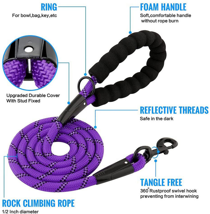 Rope Dog Leash, Heavy Duty Dog Leash with Comfortable Padded Handle and Highly Reflective Threads for Small Medium and Large Dogs, Purple