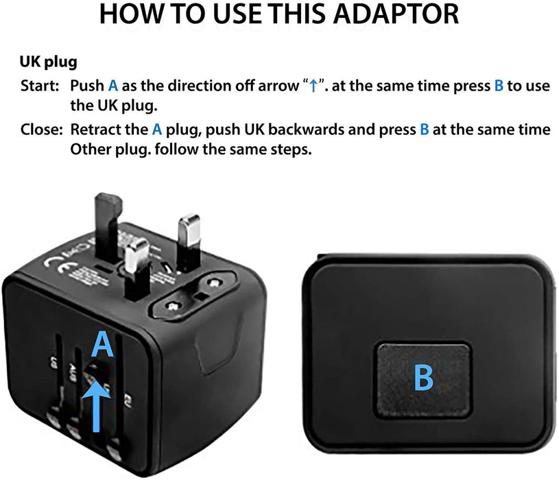 European Travel Plug Adapter, Universal International Power Adapter with 2.4A 4 USB, All in One Wall Charger for UK, EU, AU, AUS (Black)