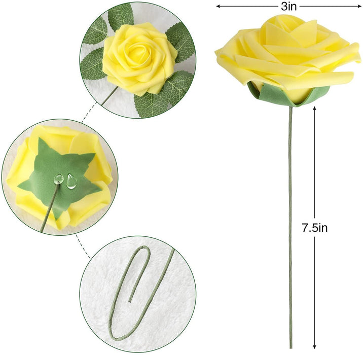 25 Pcs Artificial Rose Flowers, Foam Fake Flowers DIY Bouquets with Leaves and Stems for Wedding Party DIY Bouquets, Baby Shower, Home Decoration (Yellow)