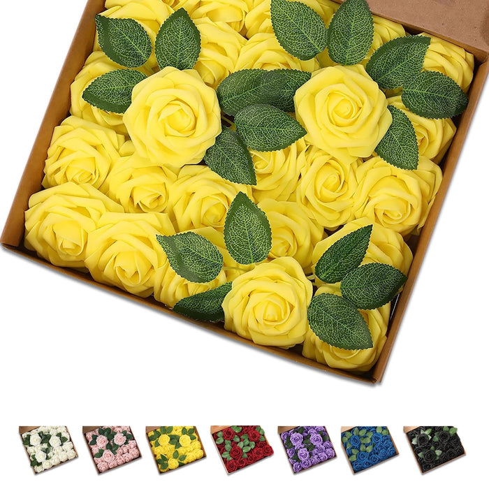 25 Pcs Artificial Rose Flowers, Foam Fake Flowers DIY Bouquets with Leaves and Stems for Wedding Party DIY Bouquets, Baby Shower, Home Decoration (Yellow)