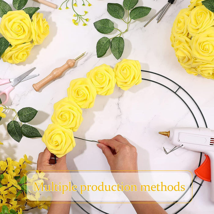 25 Pcs Artificial Rose Flowers, Foam Fake Flowers DIY Bouquets with Leaves and Stems for Wedding Party DIY Bouquets, Baby Shower, Home Decoration (Yellow)