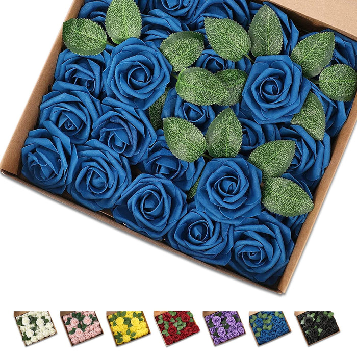 25 Pcs Artificial Rose Flowers, Foam Fake Flowers DIY Bouquets with Leaves and Stems for Wedding Party DIY Bouquets, Baby Shower, Home Decoration (Navy Blue)