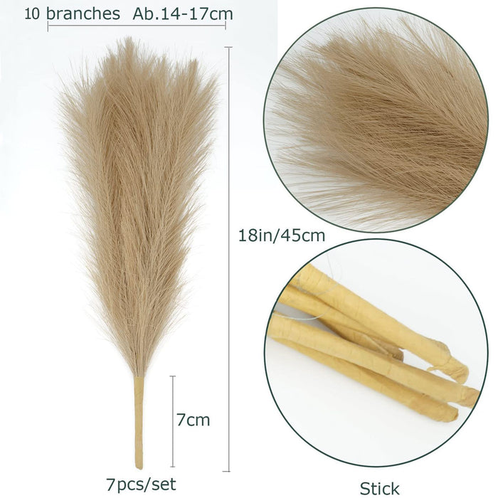 10 Pcs 18"/45cm Faux Pampas Grass Floral with 7 Fluffy Stems, Artificial Fake Flower Boho Decor Branches Plants for Vase Filler Farmhouse Home Wedding Decor (Brown)