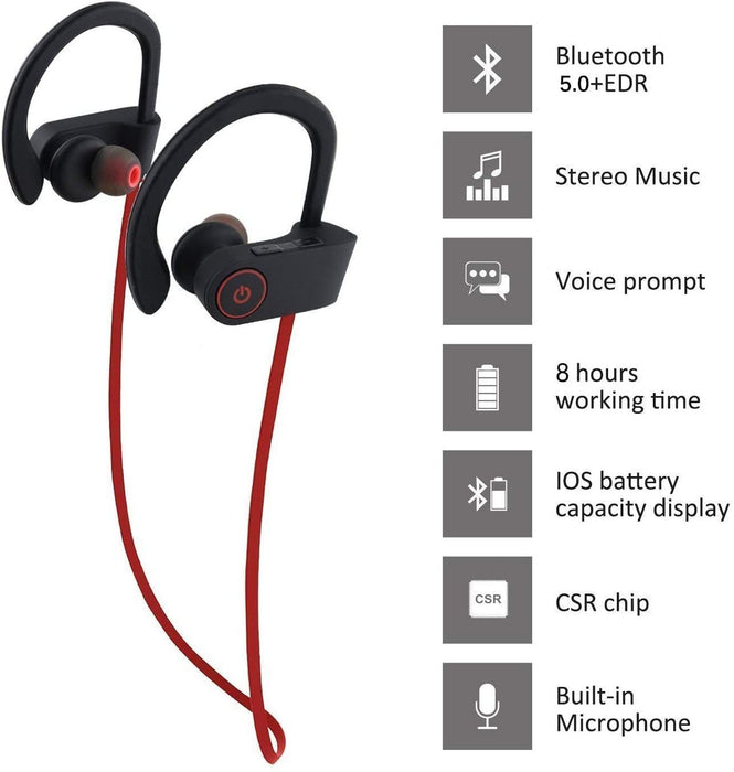 Bluetooth Headphones, Wireless Sport Earphones, 8 Hours of Playtime, IPX7 Waterproof Earbuds with Bass Stereo Mic for Workout, Running and Gym (Red)