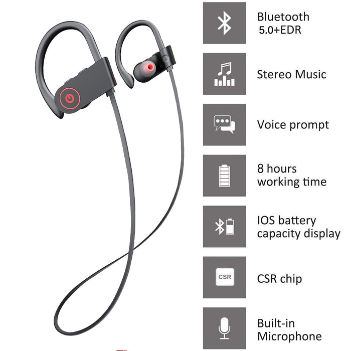 Bluetooth Headphones, Wireless Sport Earphones, 8 Hrs of Playtime, IPX7 Waterproof Earbuds with Bass Stereo Mic for Workout, Running and Gym (Black)