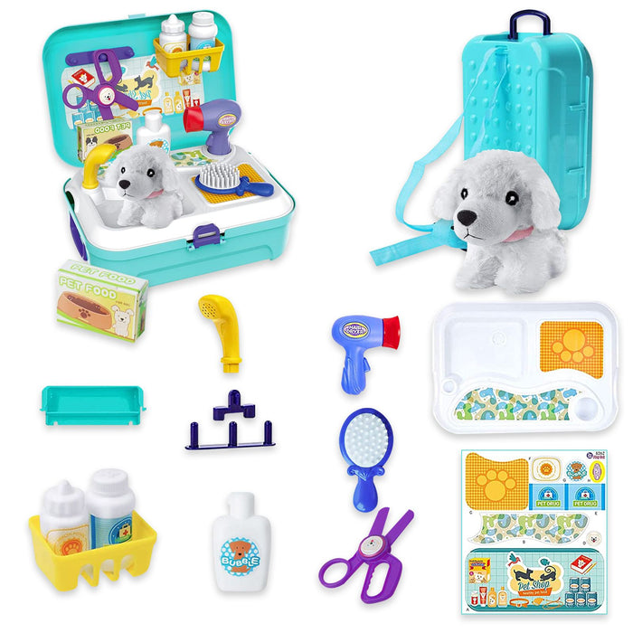 Pet Care Play Set for Kids, 16 Pcs Pretend Medical Play Toy with Backpack, Dog Grooming Kit Educational Toy for 3 4 5 6 7 Year Old Girls Boys