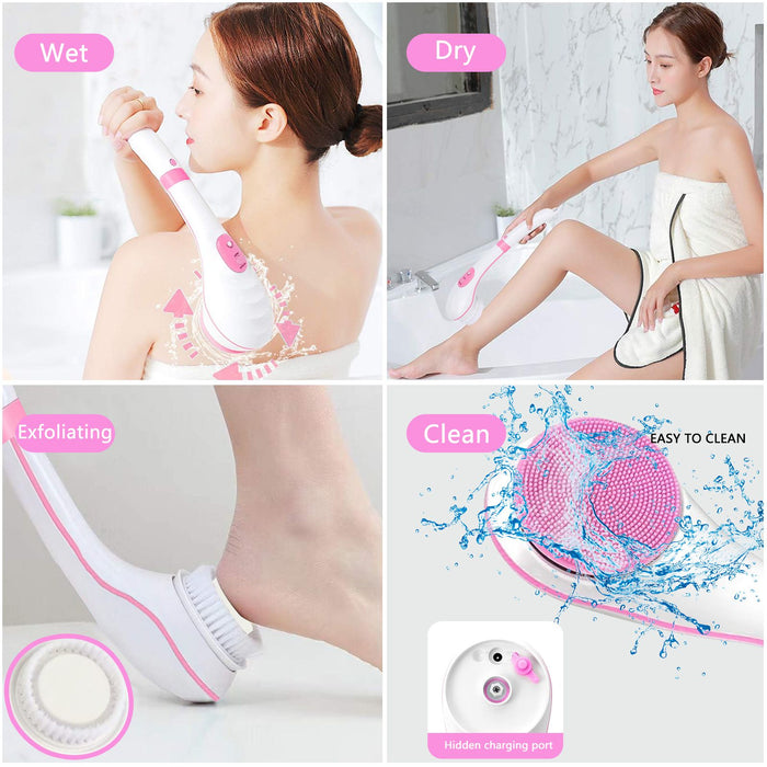 Electric Body Brush Shower, USB Rechargeable Back Body Brush with Long Handle, 5 in 1 Bath Shower Scrubber for Body Exfoliation and Massage Cleansing Set, Pink