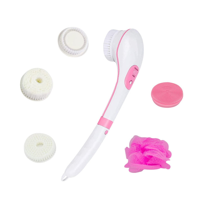 Electric Body Brush Shower, USB Rechargeable Back Body Brush with Long Handle, 5 in 1 Bath Shower Scrubber for Body Exfoliation and Massage Cleansing Set, Pink