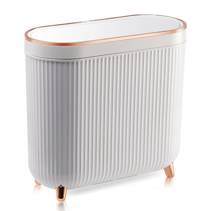 Bathroom Trash Can with Lid, 3.2 Gallon Slim Rubbish Bin Wastebasket, Rectangular Plastic Narrow Garbage Container Bin for Living Room, Kitchen, Toilet, Office(White)