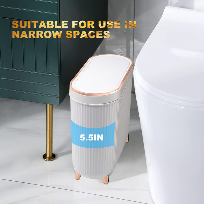 Bathroom Trash Can with Lid, 3.2 Gallon Slim Rubbish Bin Wastebasket, Rectangular Plastic Narrow Garbage Container Bin for Living Room, Kitchen, Toilet, Office(White)