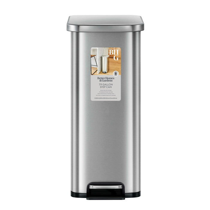 Better Homes & Gardens 7.9 Gallon Slim Kitchen Step Trash Can, Stainless Steel Step Trash Can