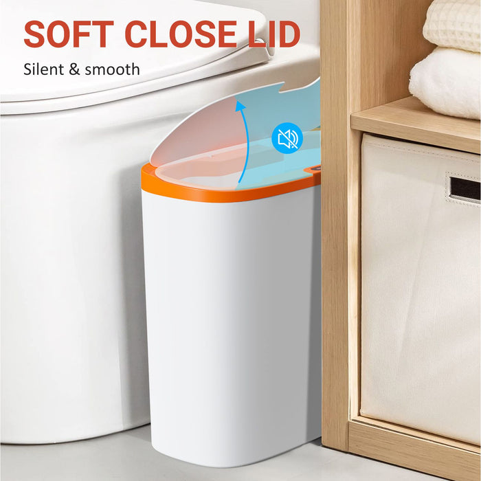 Automatic Sensor Trash Can with Lid: TINANA Waste Bin 3.2 Gallon Slimline for Bathroom, Bedroom, Kitchen, Office - White with Orange Trim