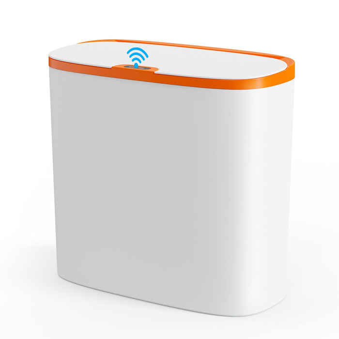 Automatic Sensor Trash Can with Lid: TINANA Waste Bin 3.2 Gallon Slimline for Bathroom, Bedroom, Kitchen, Office - White with Orange Trim