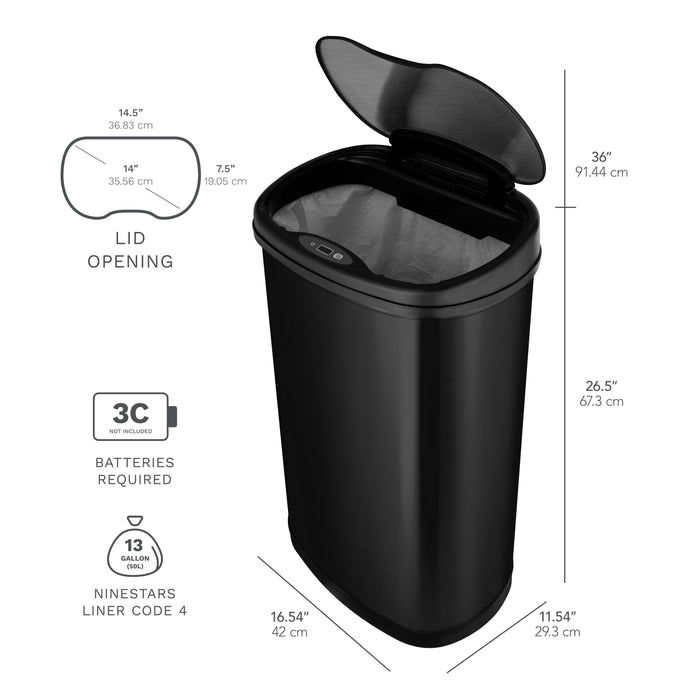 Nine Stars 13.2 Gallon Trash Can, Motion Sensor Kitchen Trash Can, Black Stainless Steel