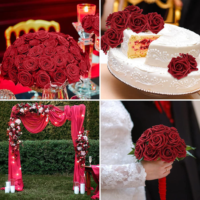 25 Pcs Artificial Rose Flowers, Foam Fake Flowers DIY Bouquets with Leaves and Stems for Wedding Party DIY Bouquets, Baby Shower, Home Decoration (Wine Red)