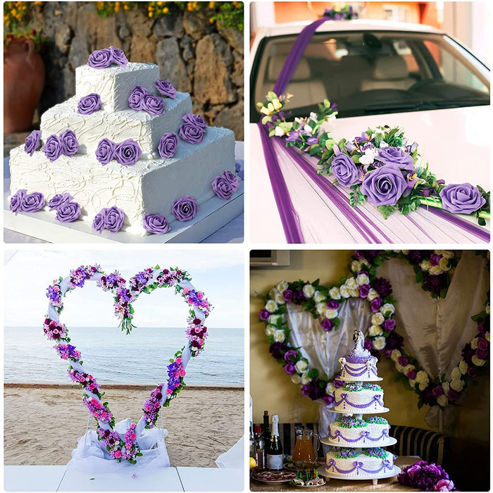 25 Pcs Artificial Rose Flowers, Foam Fake Flowers DIY Bouquets with Leaves and Stems for Wedding Party DIY Bouquets, Baby Shower, Home Decoration (Purple)