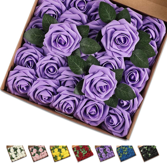 25 Pcs Artificial Rose Flowers, Foam Fake Flowers DIY Bouquets with Leaves and Stems for Wedding Party DIY Bouquets, Baby Shower, Home Decoration (Purple)