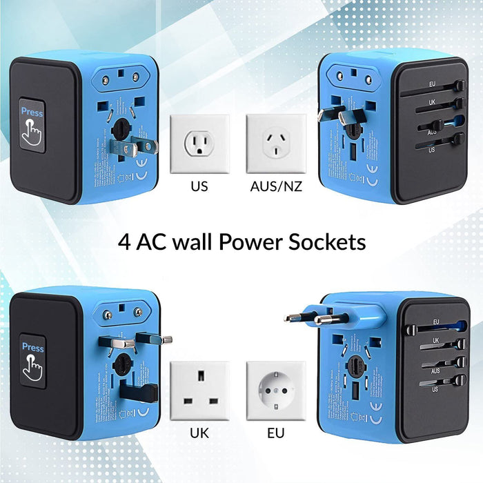 European Travel Plug Adapter, Universal International Power Adapter with 2.4A 4 USB, All in One Wall Charger for UK, EU, AU, AUS (Blue)