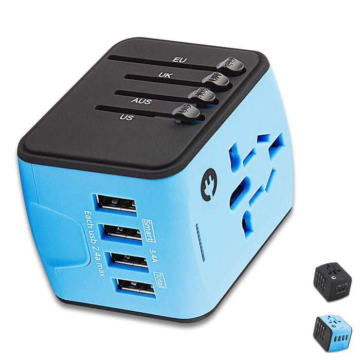 European Travel Plug Adapter, Universal International Power Adapter with 2.4A 4 USB, All in One Wall Charger for UK, EU, AU, AUS (Blue)