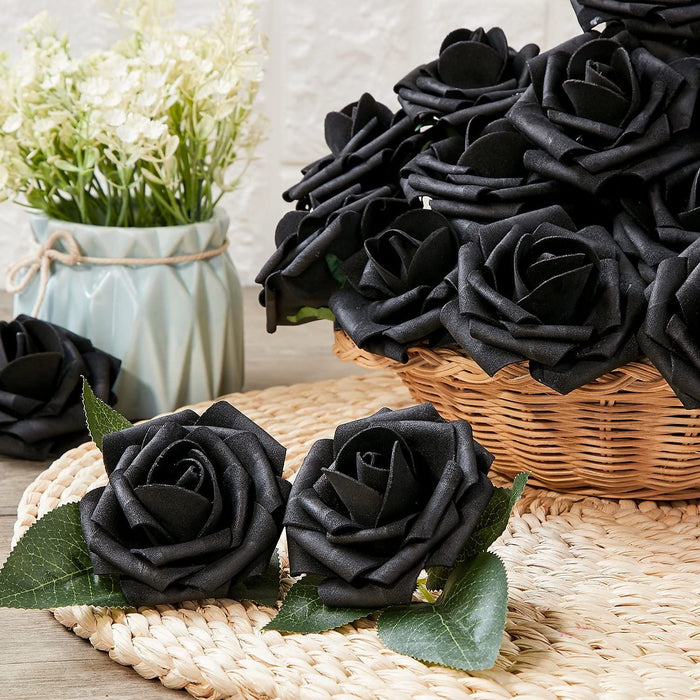 25 Pcs Artificial Rose Flowers, Foam Fake Flowers DIY Bouquets with Leaves and Stems for Wedding Party DIY Bouquets, Baby Shower, Home Decoration (Black)