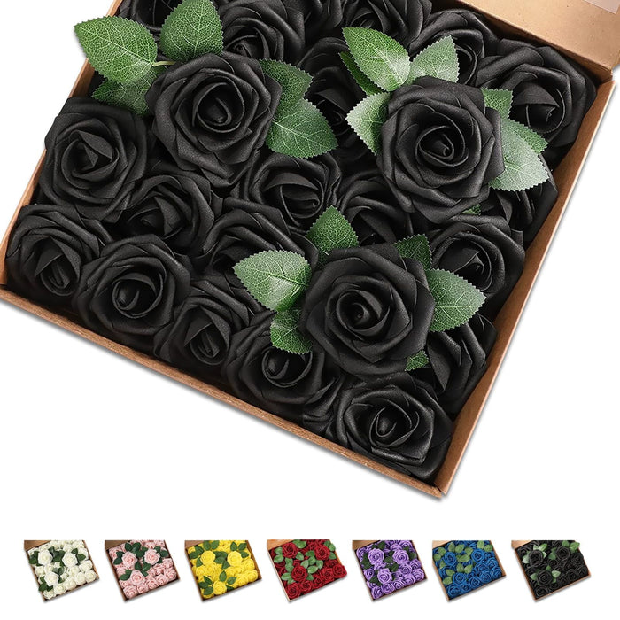 25 Pcs Artificial Rose Flowers, Foam Fake Flowers DIY Bouquets with Leaves and Stems for Wedding Party DIY Bouquets, Baby Shower, Home Decoration (Black)