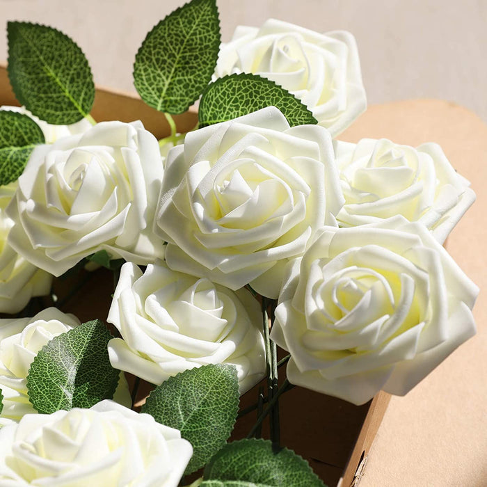 25 Pcs Artificial Rose Flowers, Foam Fake Flowers DIY Bouquets with Leaves and Stems for Wedding Party DIY Bouquets, Baby Shower, Home Decoration (Milk White)