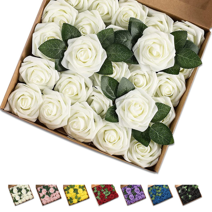 25 Pcs Artificial Rose Flowers, Foam Fake Flowers DIY Bouquets with Leaves and Stems for Wedding Party DIY Bouquets, Baby Shower, Home Decoration (Milk White)