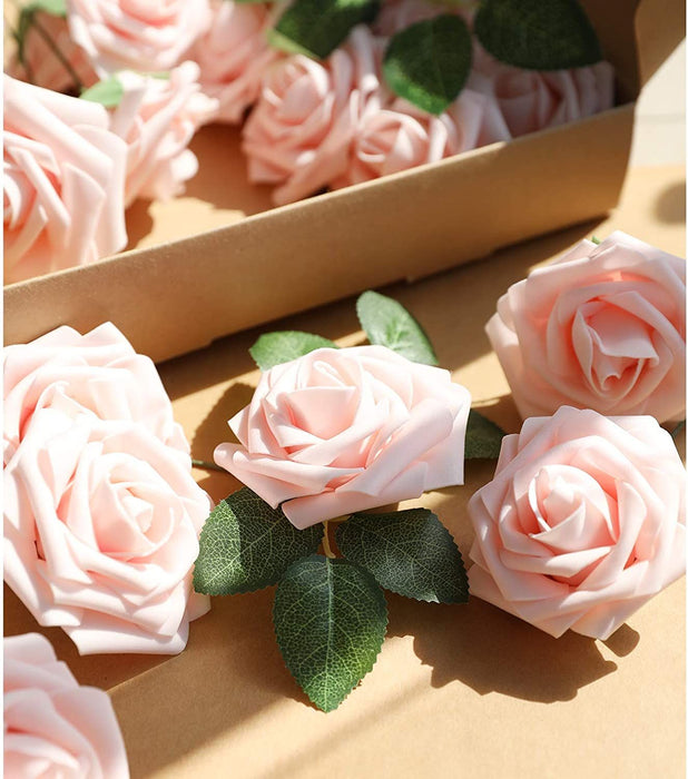 25 Pcs Artificial Rose Flowers, Foam Fake Flowers DIY Bouquets with Leaves and Stems for Wedding Party DIY Bouquets, Baby Shower, Home Decoration (Pink Champagne)