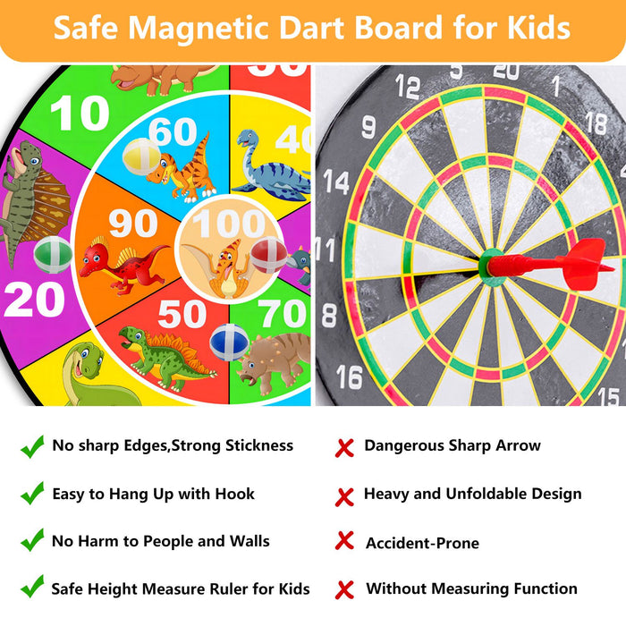 28.74" Large Dart Board Game Set, Dinosaur Theme Double-Sided Kids Dartboards with 20 Sticky Balls, Foldable Indoor Outdoor Party Games Toys for Boys Girls