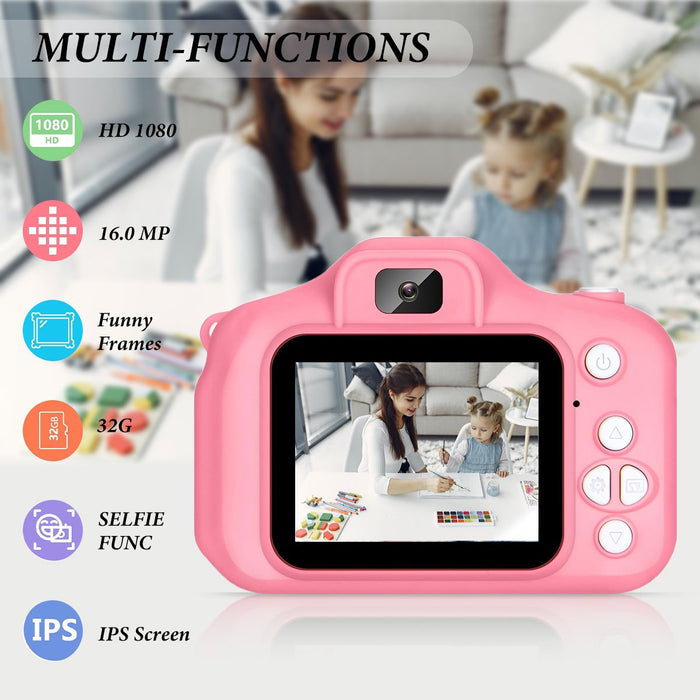 Kids Camera Toys, Digital Camera with 32GB SD Card, Toddler Camera Christmas Birthday Gifts for 3-10 Year Old Boys Girls Toys, Pink