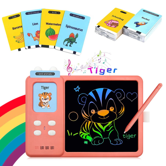 Toddler Doodle Board, LCD Writing Tablet with 112 Learning Flash Cards and 224 Words, Educational Learning Toys for Boys and Girls Birthday Gifts, Pink