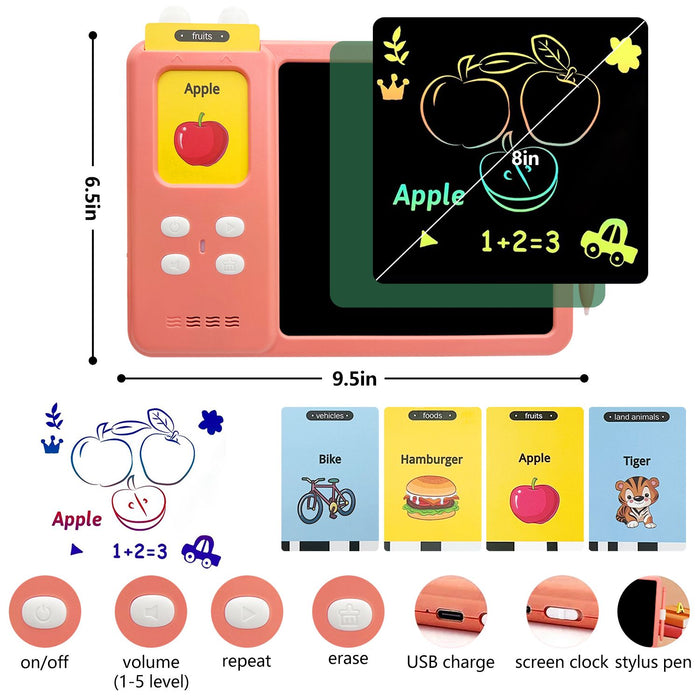 Toddler Doodle Board, LCD Writing Tablet with 112 Learning Flash Cards and 224 Words, Educational Learning Toys for Boys and Girls Birthday Gifts, Pink