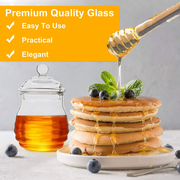 Honey Dispenser, Honey Jar with Dipper and , 8.4 Ounce Glass Honey Pot Container for Honey Home Kitchen Tea Syrup Sugar (Clear)