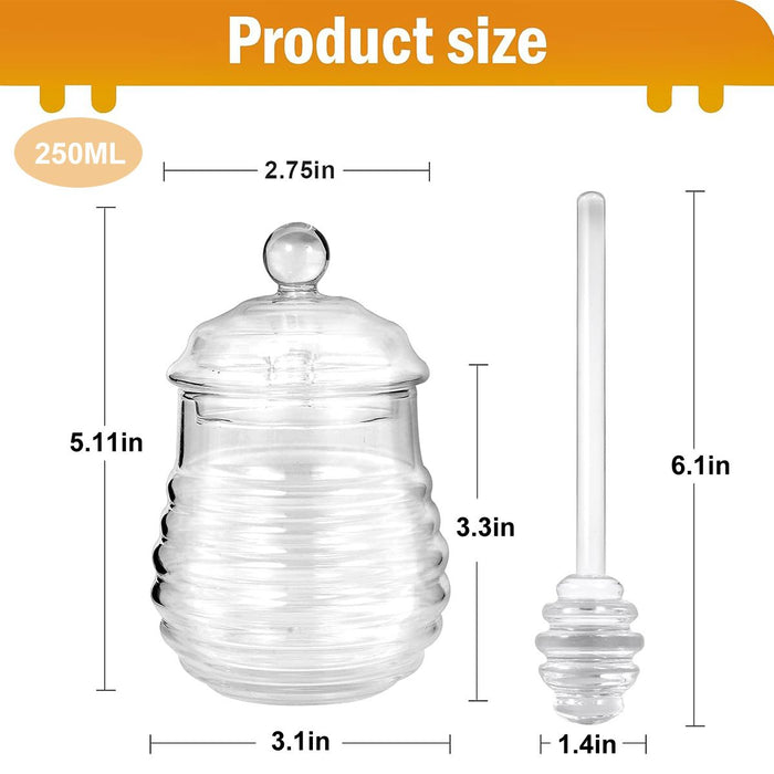 Honey Dispenser, Honey Jar with Dipper and , 8.4 Ounce Glass Honey Pot Container for Honey Home Kitchen Tea Syrup Sugar (Clear)