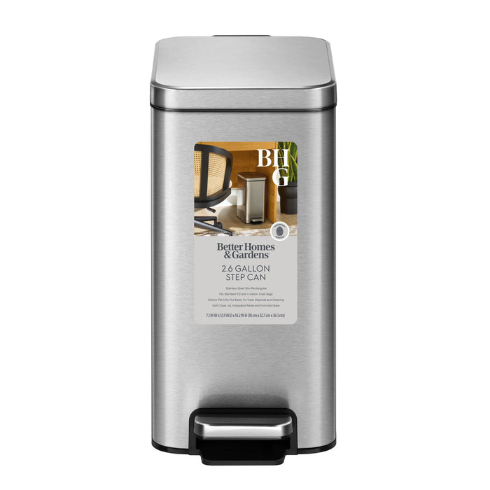 Better Homes & Gardens 2.6G Slim Stainless Steel Step Trash Can; Bedroom Bath Office Step Can