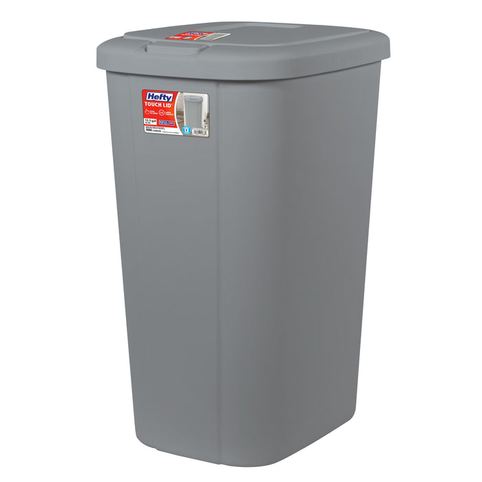 Hefty 13.3 Gallon Trash Can, Plastic Touch Top Kitchen Trash Can, Grey