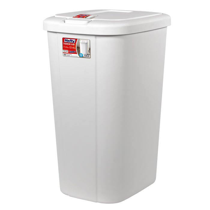 Hefty 13.3 Gallon Trash Can, Plastic Touch Top Kitchen Trash Can, White