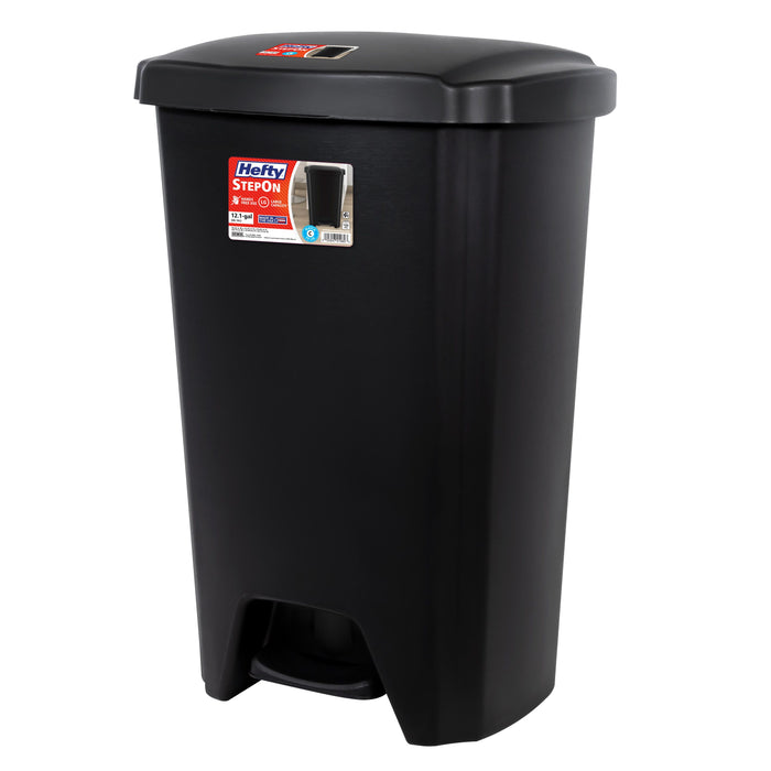 Hefty 12.1 Gallon Trash Can, Plastic Step On Kitchen Trash Can, Black