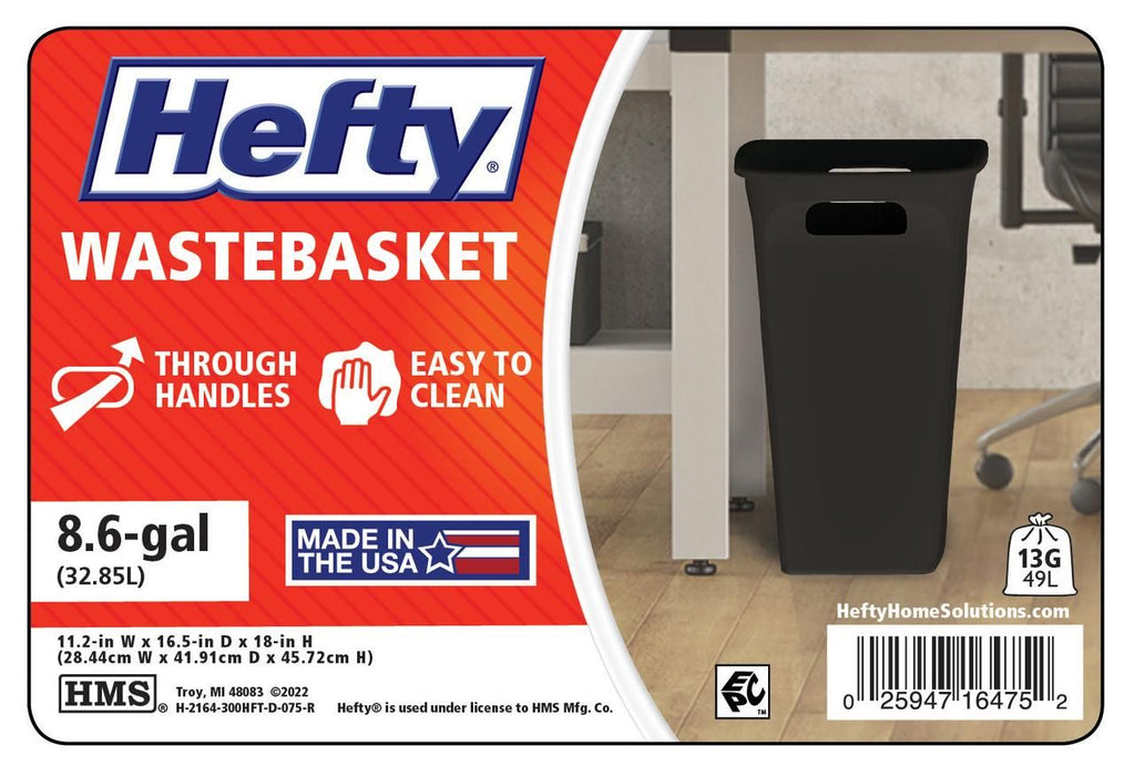 Hefty 8.8 Gallon Trash Can, Plastic Handled Office Trash Can, Black