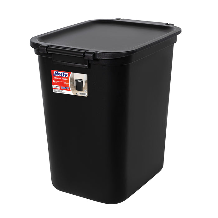 Hefty 7.7 Gallon Trash Can, Plastic Hinged Locking Lid Kitchen Trash Can, Black