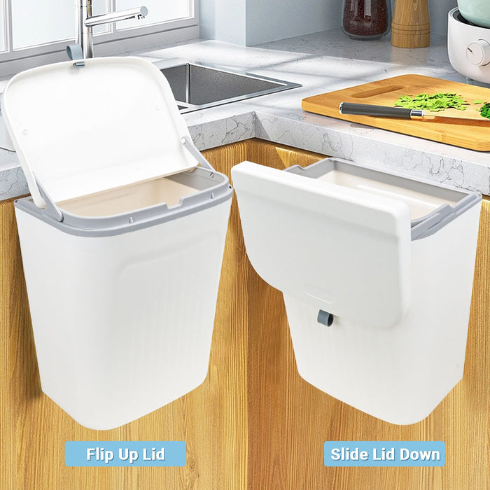 TINANA Hanging Small Trash Can, 2 Gallon Kitchen Waste Bin for Counter Top or Under Sink, 2 Pack Mountable Indoor Compost Bucket - White