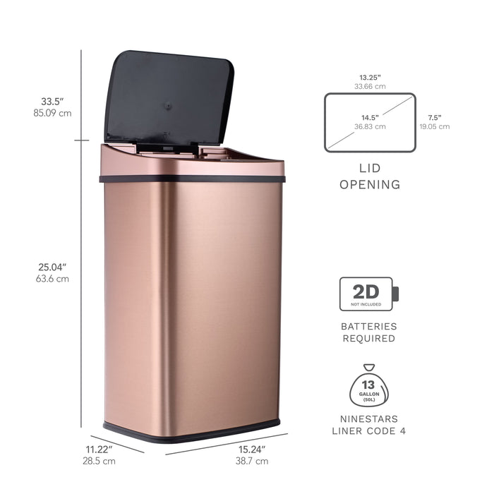 Nine Stars Motion Sensor Rectangular Kitchen Garbage Can, Gold Stainless Steel, 13.2 gal