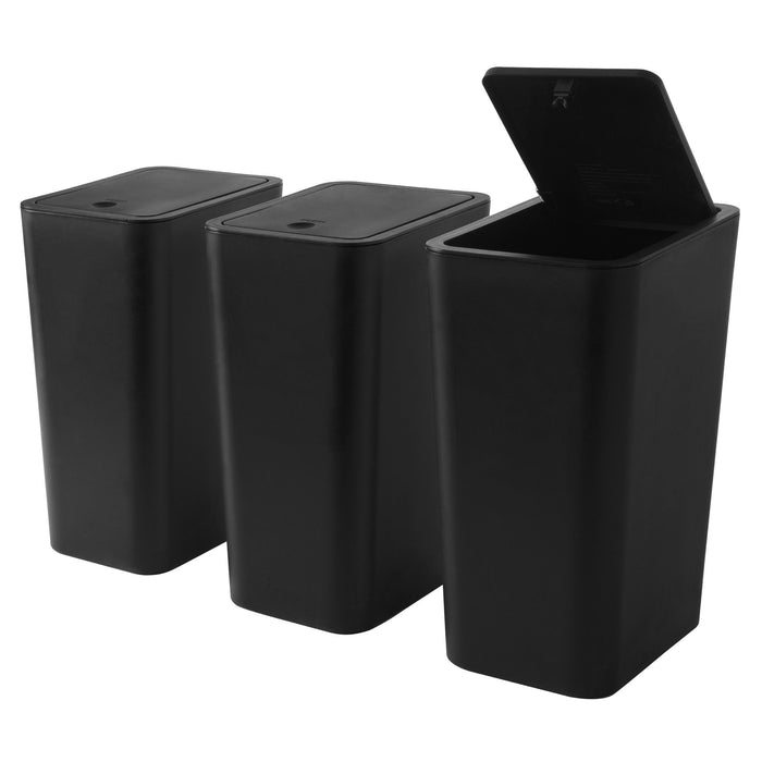 3 Pack Slim Plastic Trash Can, 2.6 Gallon Garbage Can with Press Top Lid, Modern Waste Basket for Bathroom, Black