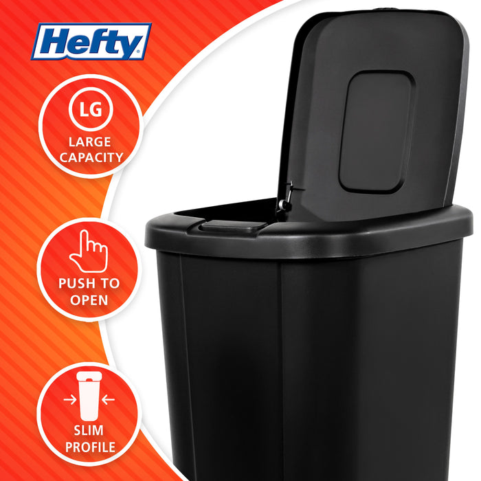 Hefty 13.3 Gallon Trash Can, Plastic Touch Top Kitchen Trash Can, Black (2 Pack)