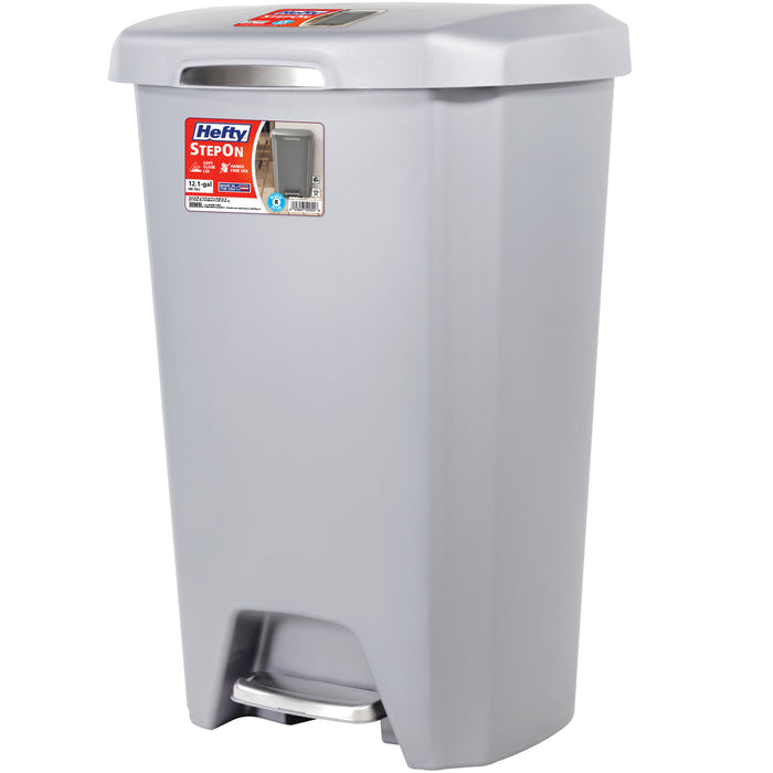 Hefty 12.1 Gallon Trash Can, Plastic Soft Close Step On Kitchen Trash Can, Gray